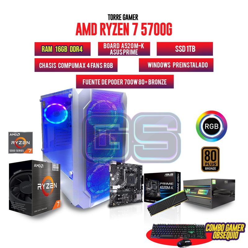 AMD - PC GAMER AMD RYZEN 7 5700G 16GB RAM SSD 1TB CHASIS 4 FANS RGB FUENTE 700W 80+