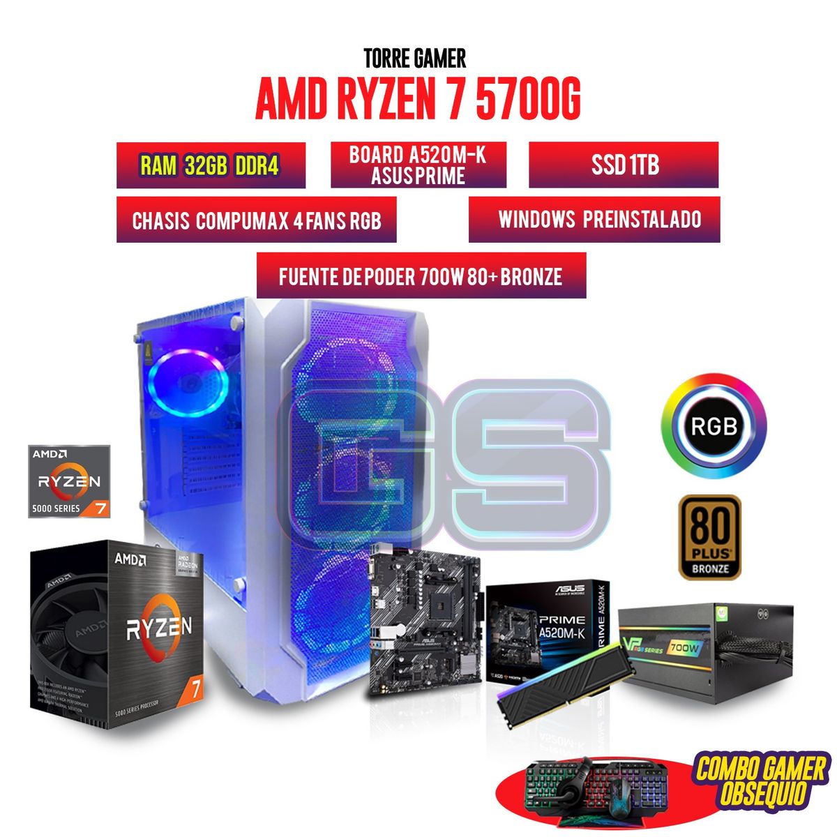 AMD - PC GAMER AMD RYZEN 7 5700G 32GB RAM SSD 1TB CHASIS 4 FANS RGB FUENTE 700W 80+