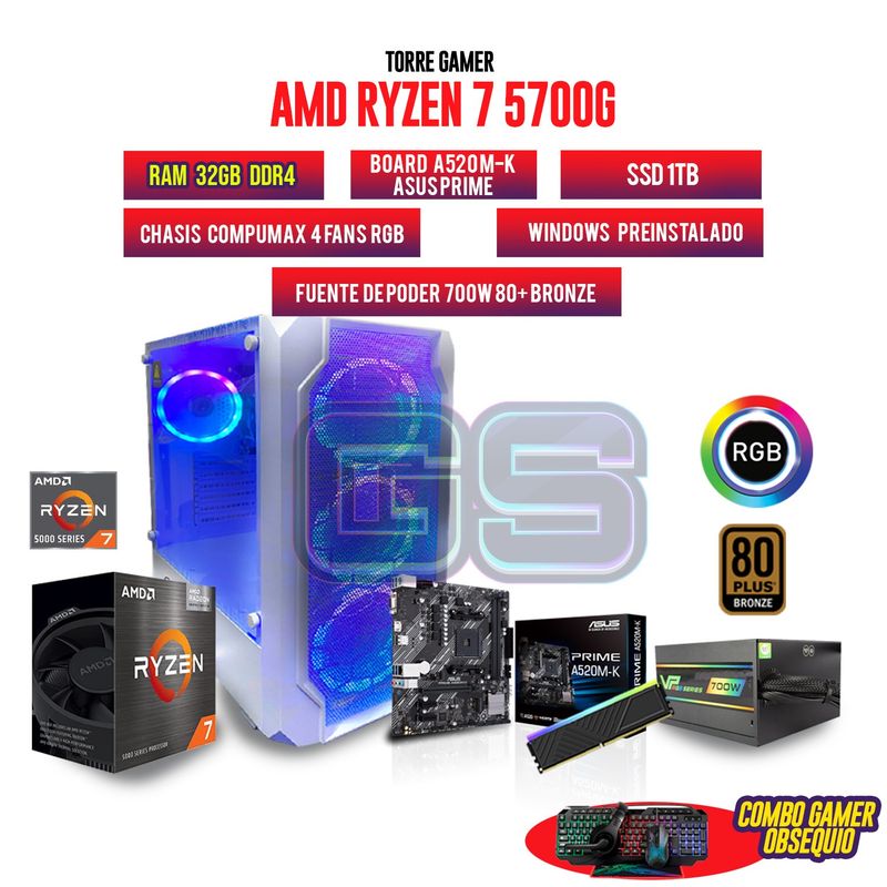 AMD - PC GAMER AMD RYZEN 7 5700G 32GB RAM SSD 1TB CHASIS 4 FANS RGB FUENTE 700W 80+