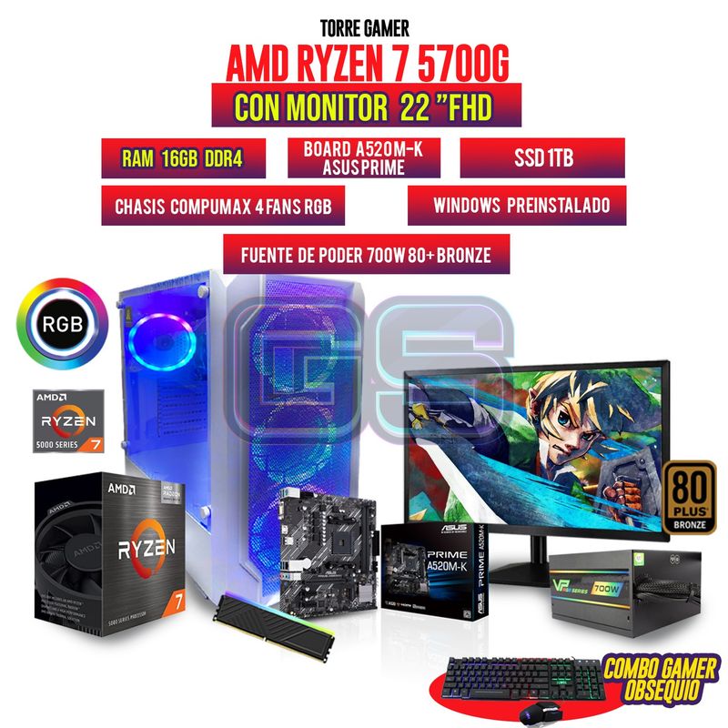 AMD - PC GAMER AMD RYZEN 7 5700G MONITOR 22" FHD 16GB RAM SSD 1TB CHASIS 4 FANS RGB