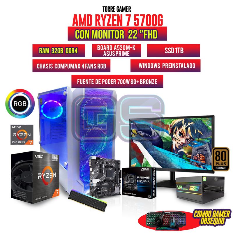 AMD - PC GAMER AMD RYZEN 7 5700G MONITOR 22" FHD 32GB RAM SSD 1TB CHASIS 4 FANS RGB
