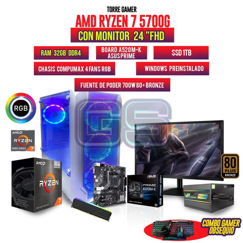 AMD - PC GAMER AMD RYZEN 7 5700G MONITOR 24" FHD 32GB RAM SSD 1TB CHASIS 4 FANS RGB