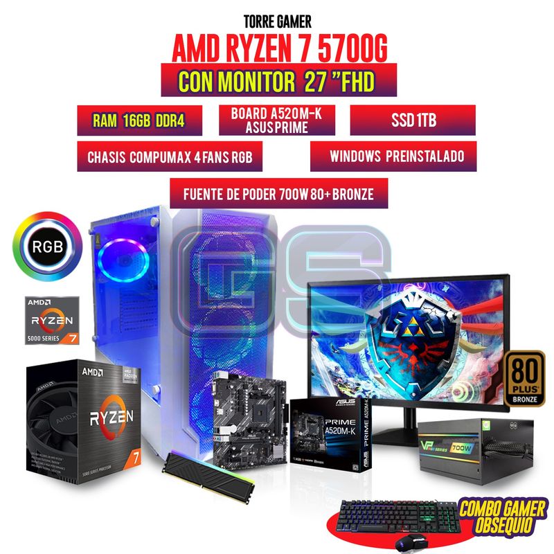 AMD - PC GAMER AMD RYZEN 7 5700G MONITOR 27" FHD 16GB RAM SSD 1TB CHASIS 4 FANS RGB