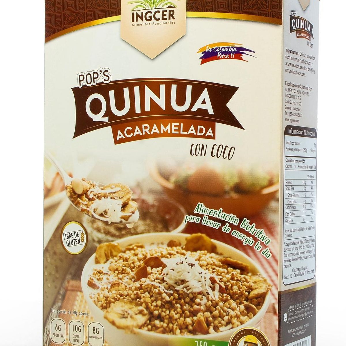 INGCER - Cereales Naturales Pops Quinua Acaramelada con Coco x 250 Grs  Ingcer