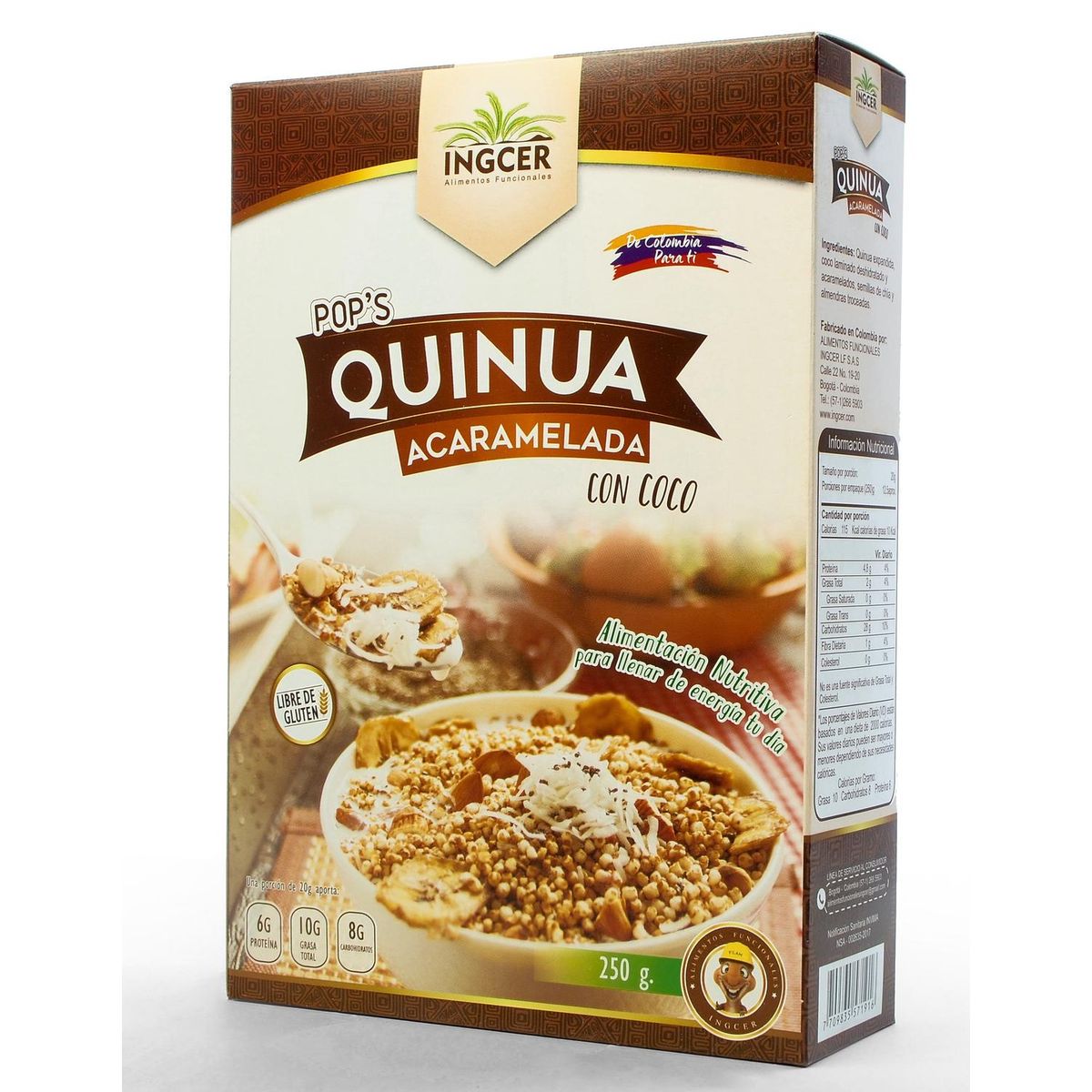 INGCER - Cereales Naturales Pops Quinua Acaramelada con Coco x 250 Grs  Ingcer