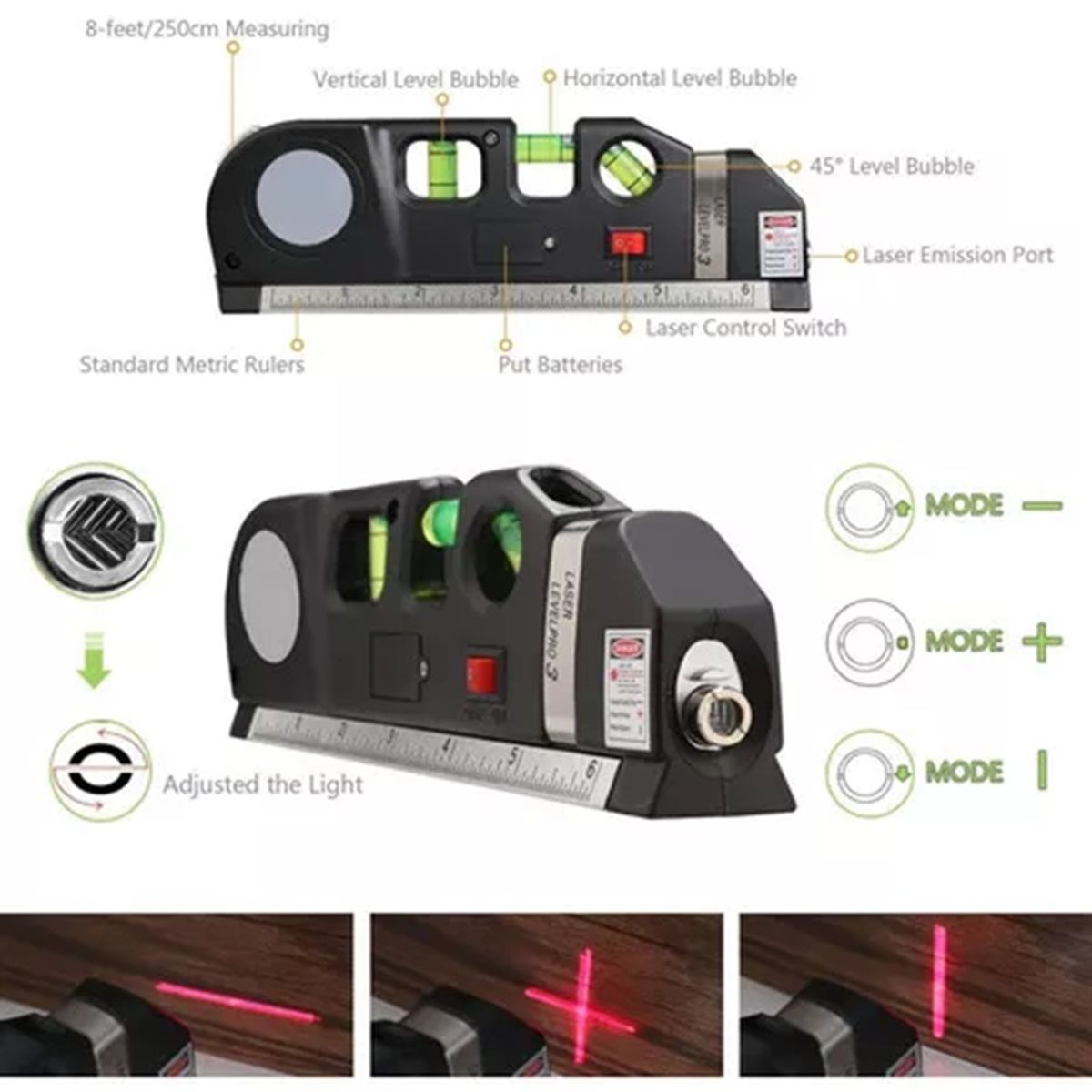 STONE - Nivel Laser 3 Burbujas Cinta Métrica Regla Cruz Horiz Vertical