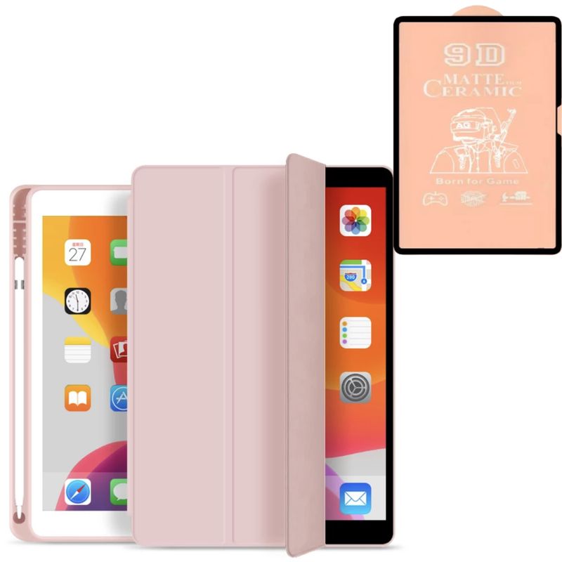 GENERICO - Estuche Para iPad 10.2 7, 8 y 9 Gen + Vidrio Tempado Ceramico - Rosado