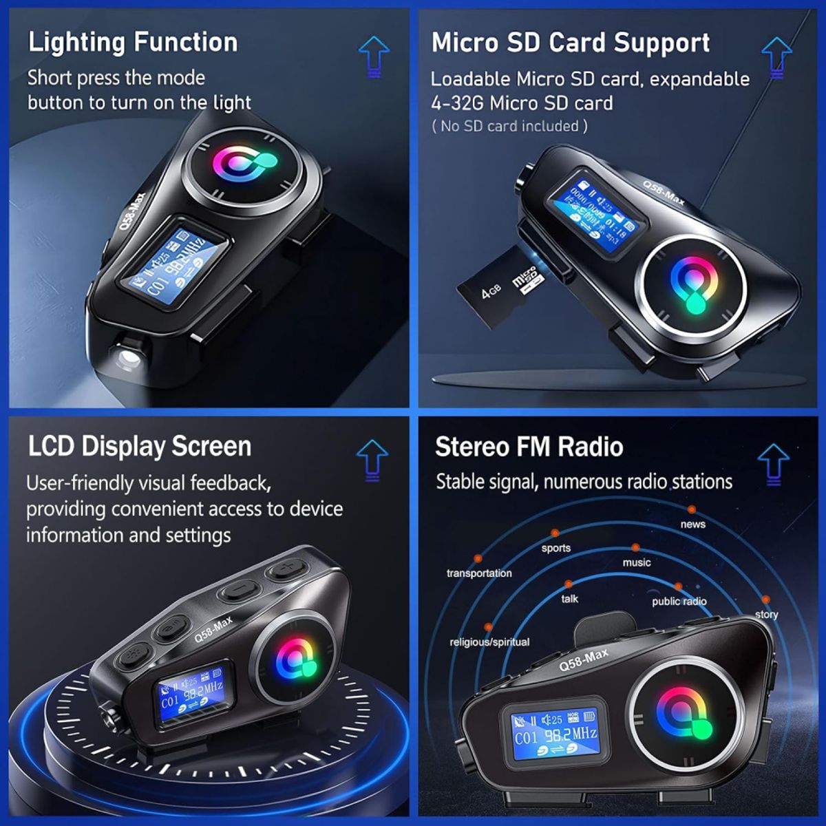 GENERICO - Intercomunicador Para Moto Q58 Rgb Musica Bluetooth 25 Horas