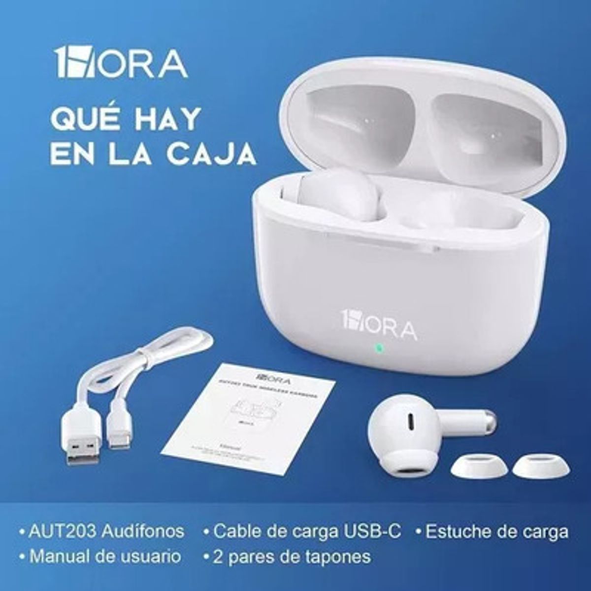 1 HORA - Audífonos In-ear Inalámbricos 1hora Aut203 Color Blanco Bluetooth 5.3 Con Micrófono