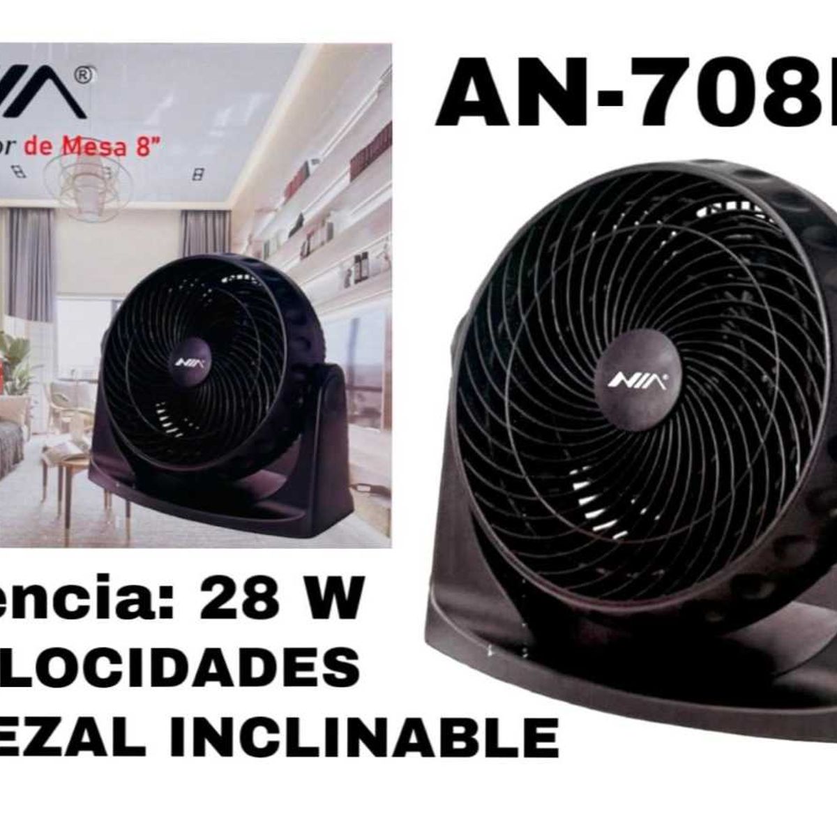 NIA - Ventilador De Mesa O Pared 8 Negro Aspas Negro Diámetro 7