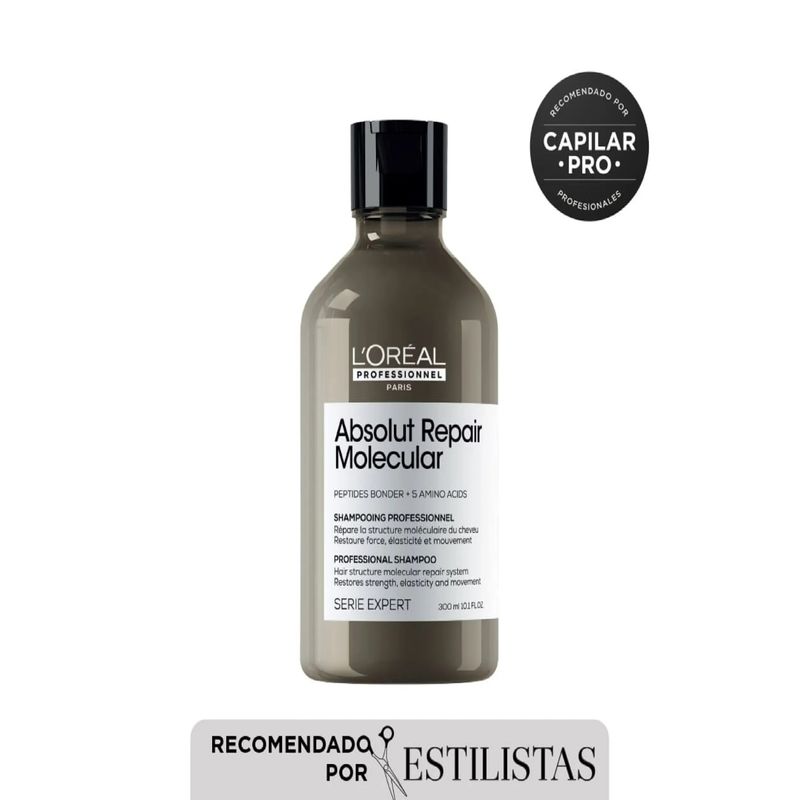 LOREAL PROFESSIONNEL - Shampoo reparador sin sulfato Absolut Repair Molecular para cabello muy dañado Loreal professionnel 300 ml