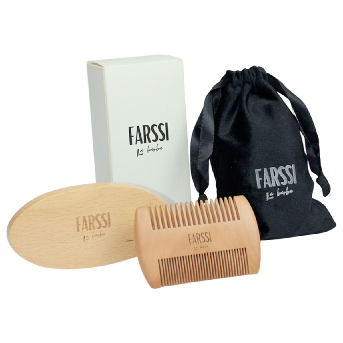 FARSSI LA BARBA - Set X3 Barba Cepillo Cerdas Jabalí + Peine Madera + Bolsa