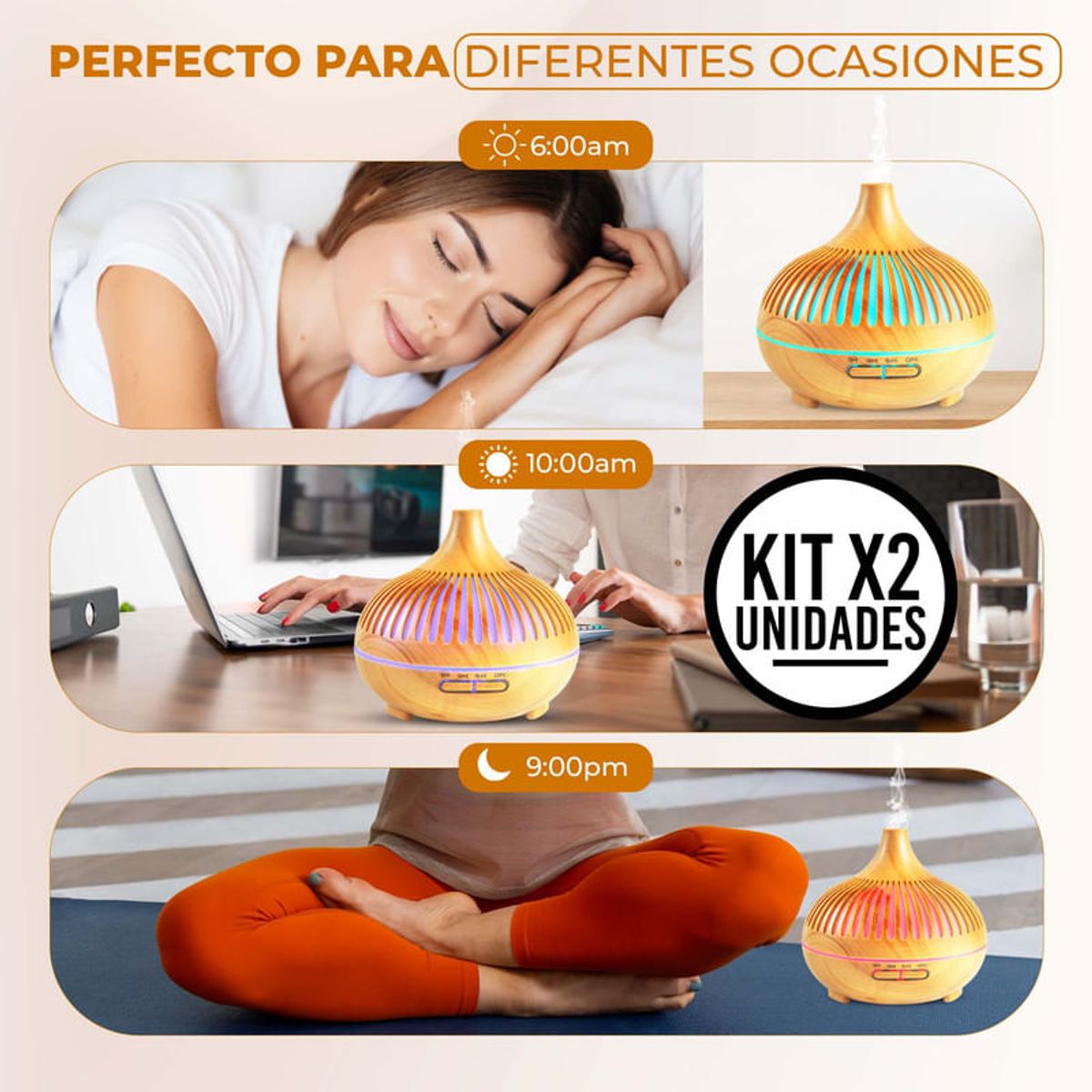 ENERGY PLUS - Combo 2 Difusores Aromas Con Control Luces Led Temporizador Madera Claro