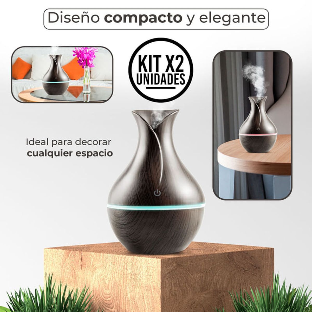 ENERGY PLUS - Combo 2 Difusores de aceites esenciales luz led 200ml Madera Oscuro