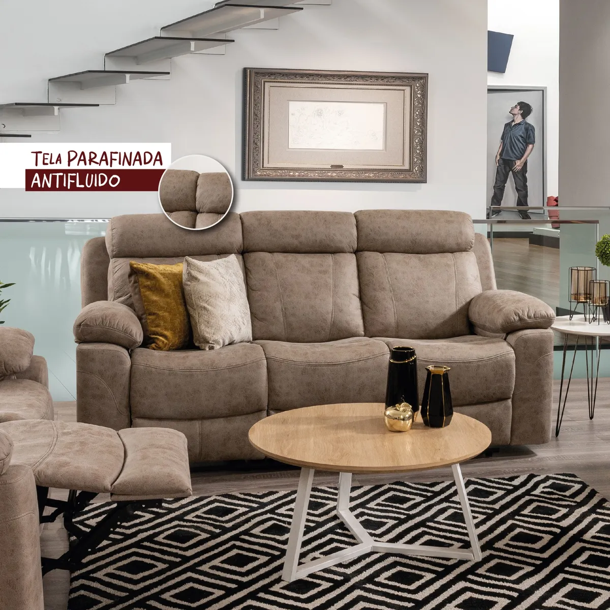 MUEBLES FIOTTI - Sofa Reclinable 3 puestos Beige Ecocuero Jarka