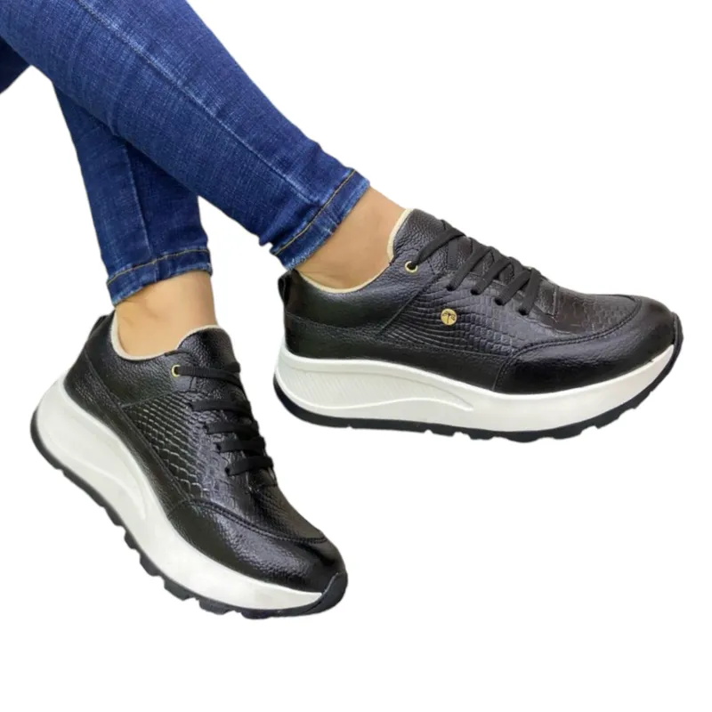 EVEGONZ - Tenis Deportivo en Cuero Zapato Negro de Mujer Calidad y Estilo