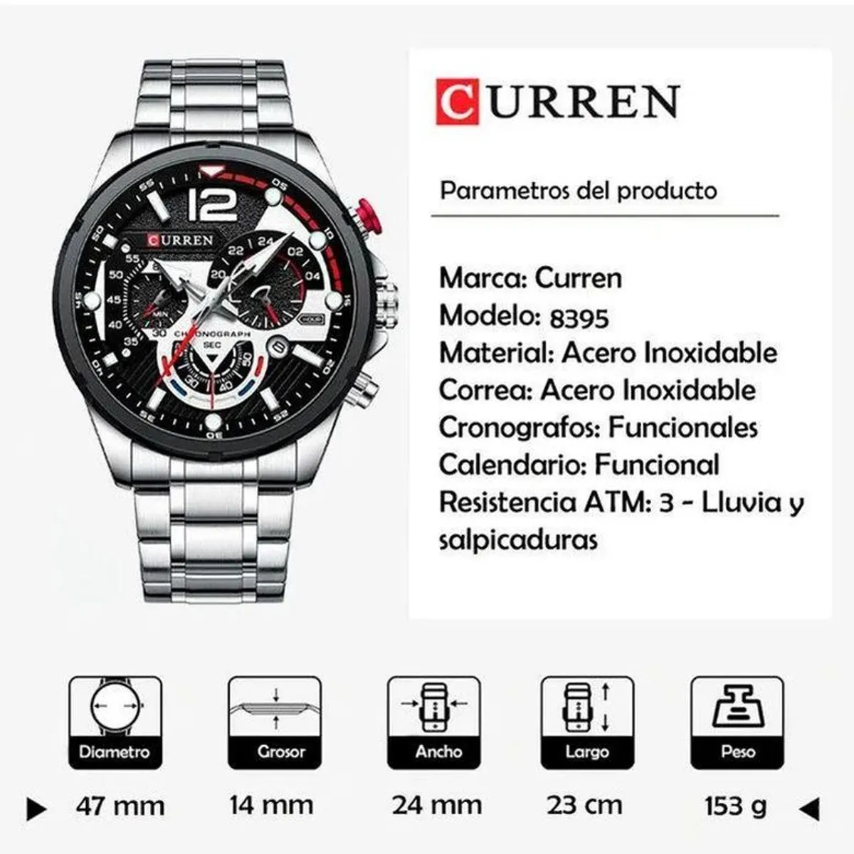 CURREN - Reloj Curren Acero Inoxidable Cronógrafos 8395 Mas Llavero Grabado