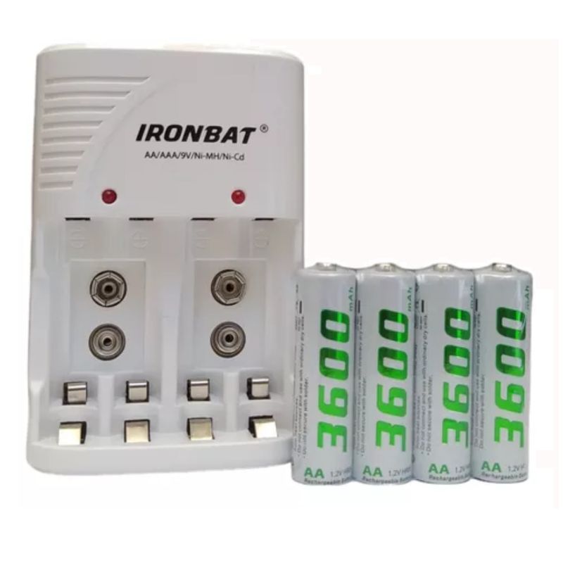 IRONBAT - Cargador + Pilas Aa X4 De Alta Capacidad Ironbat 3600 Mah...