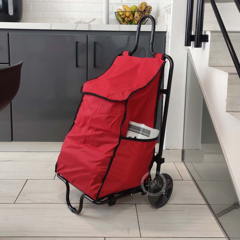 INDUHOGAR - Carro de mercado plegable en acero con maleta en lona roja resistente
