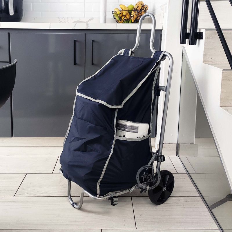 INDUHOGAR - Carro de mercado plegable en acero con maleta en lona azul resistente