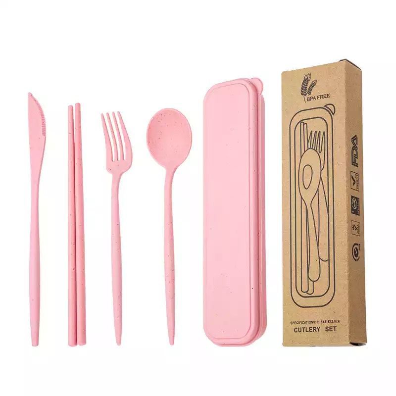 GENERICO - Set De Cubiertos Reautilizable En Fibra De Trigo Ecofriendly ROSA