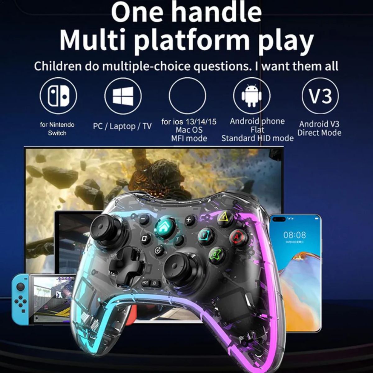 GENERICO - Control Inalambrico Gamepad Transparente Rgb Joystick Bsp-s3