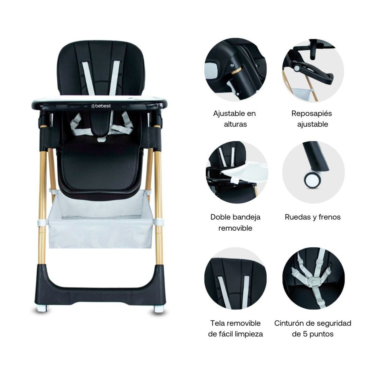 BEBESIT - Silla de comer para bebé Prime Negro