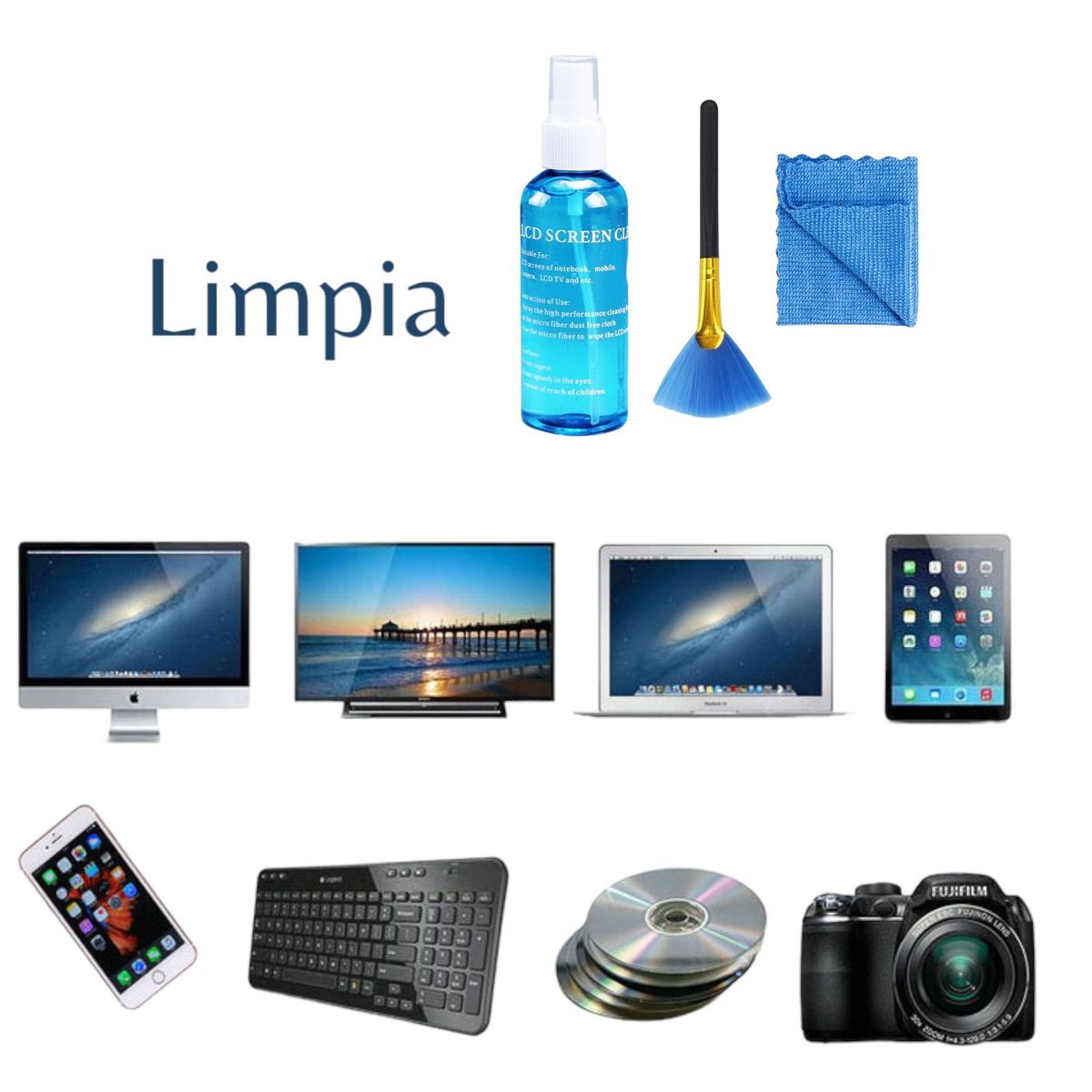 MULTIPLACE COLOMBIA - Kit Limpiador de Lentes y Pantallas Brocha liquido paño