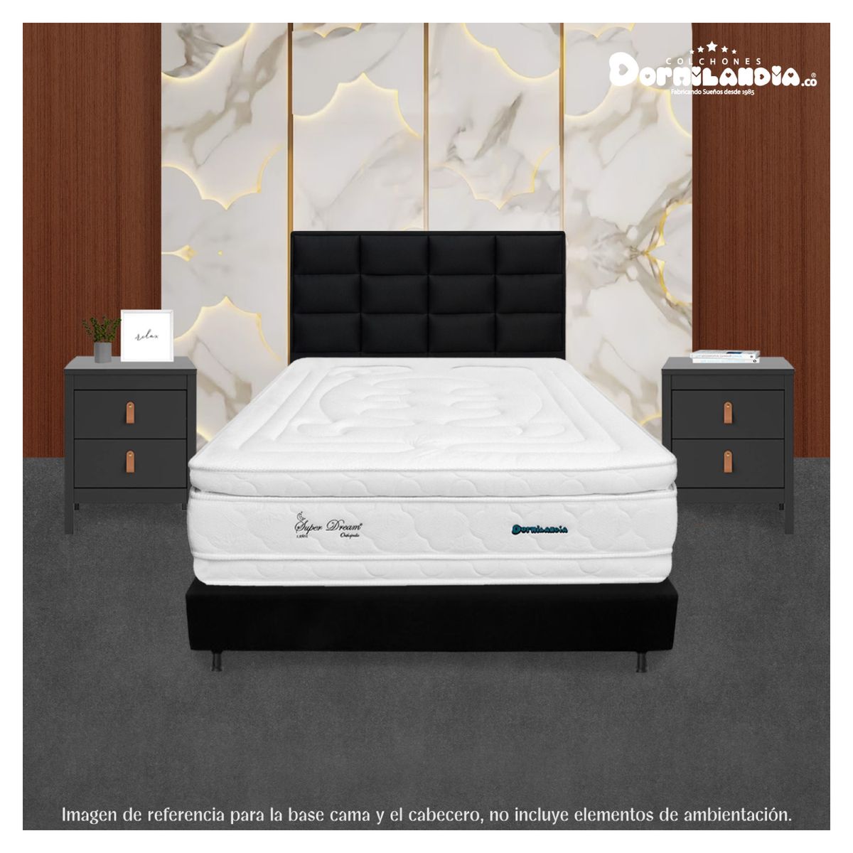 DORMILANDIA - Combo Base Cama Enter Negro Sencillo 100x190 + Cabecero Londres