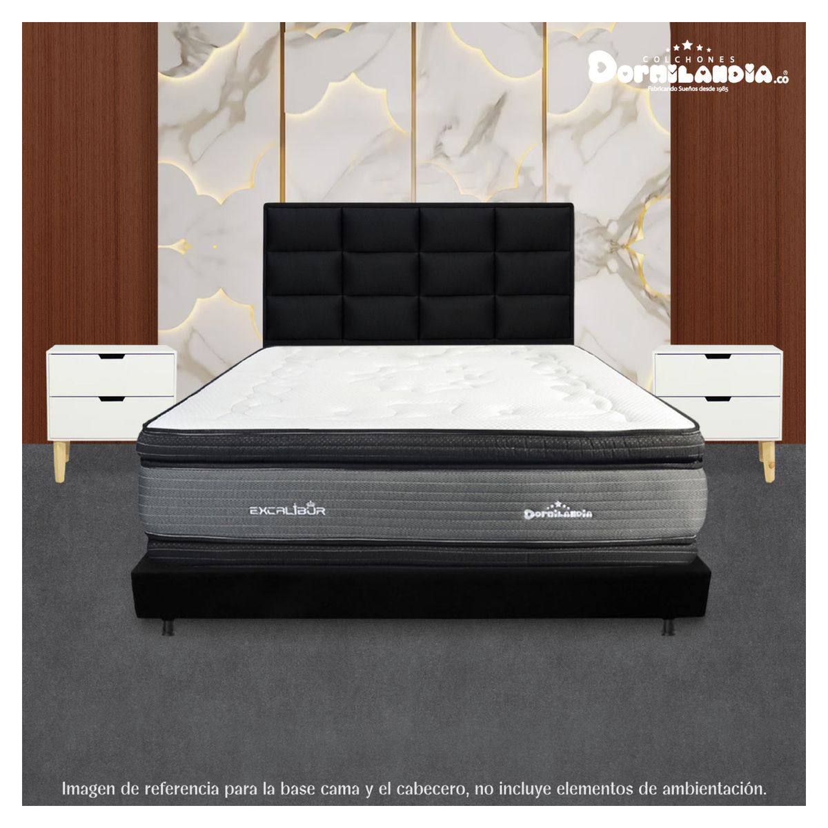 DORMILANDIA - Combo Base Cama Entera Negro Doble 140x190 + Cabecero Londres