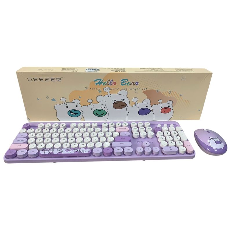 GENERICO - Combo Inalámbrico Teclado Y Mouse Silencioso Geezer Hello Bear Lila