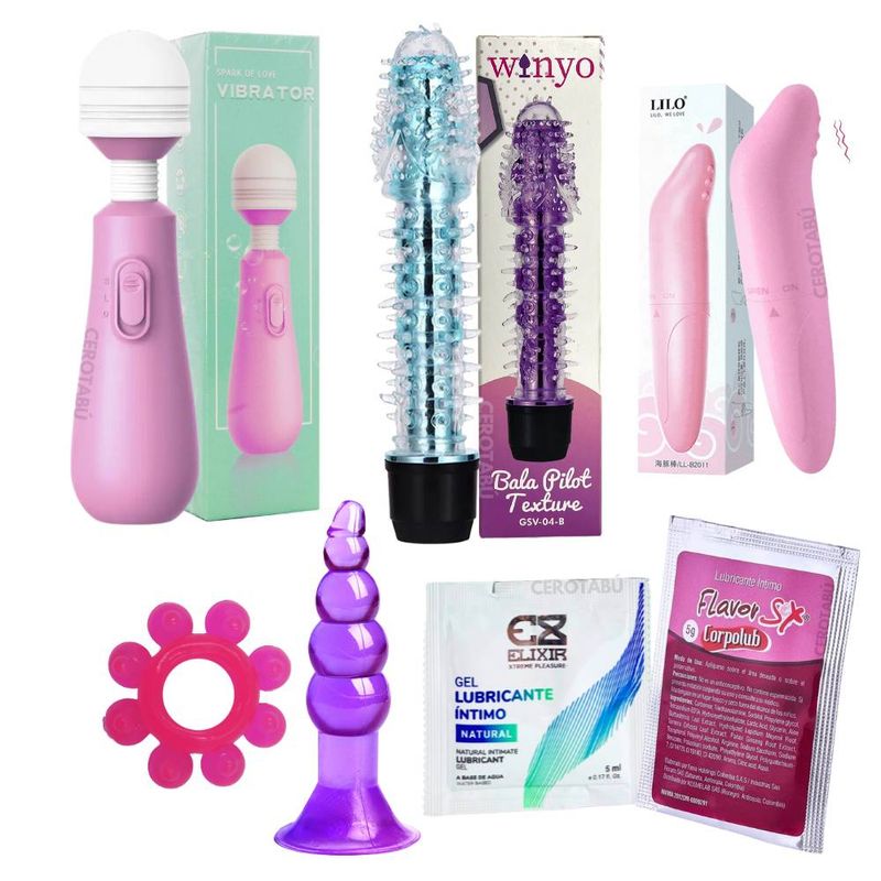 GENERICO - 7 piezas Kit Hetero Anillo + Plug + Vibrador + Lubricante