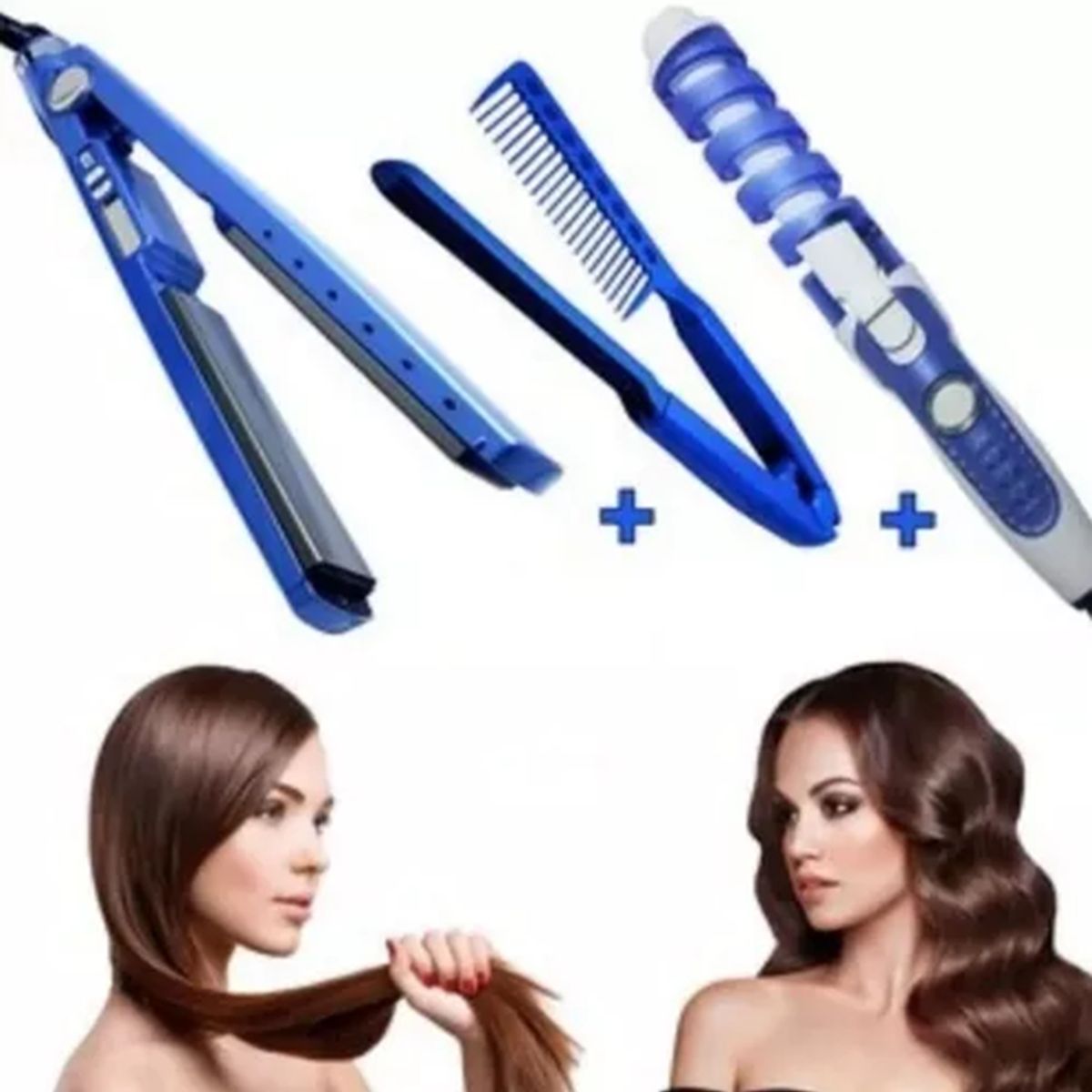 NANO TITANIUM - Combo Plancha + Rizador + Peinilla Color Azul