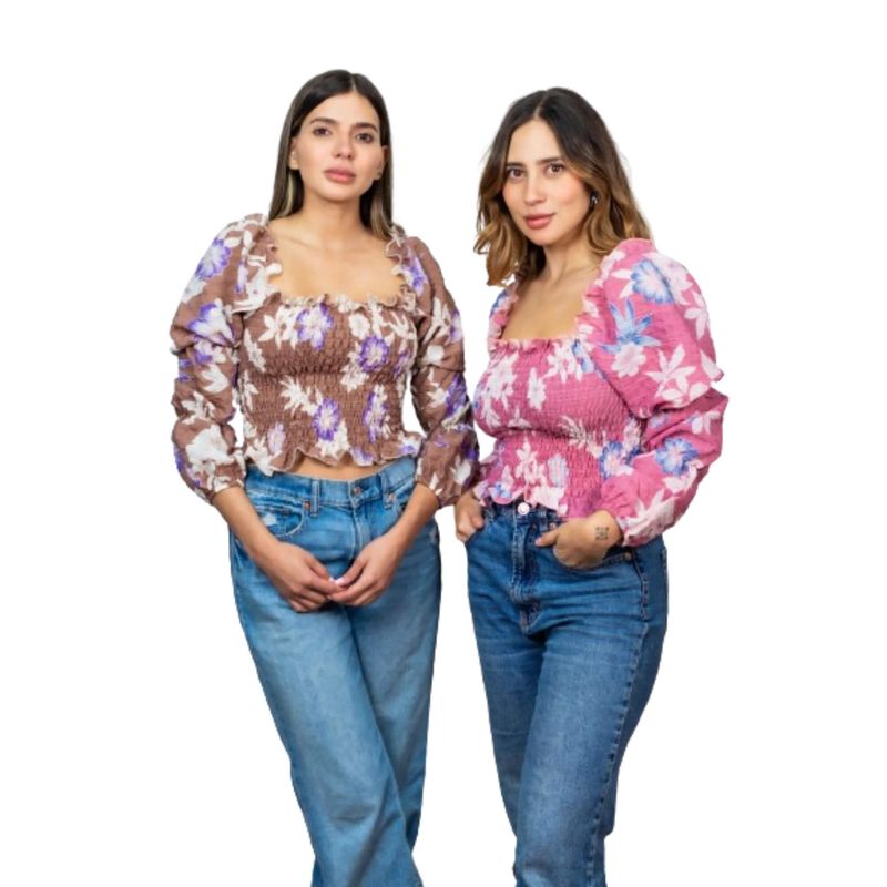 FREYDA - Blusa Verano Encauchada Floral Manga Larga Freyda