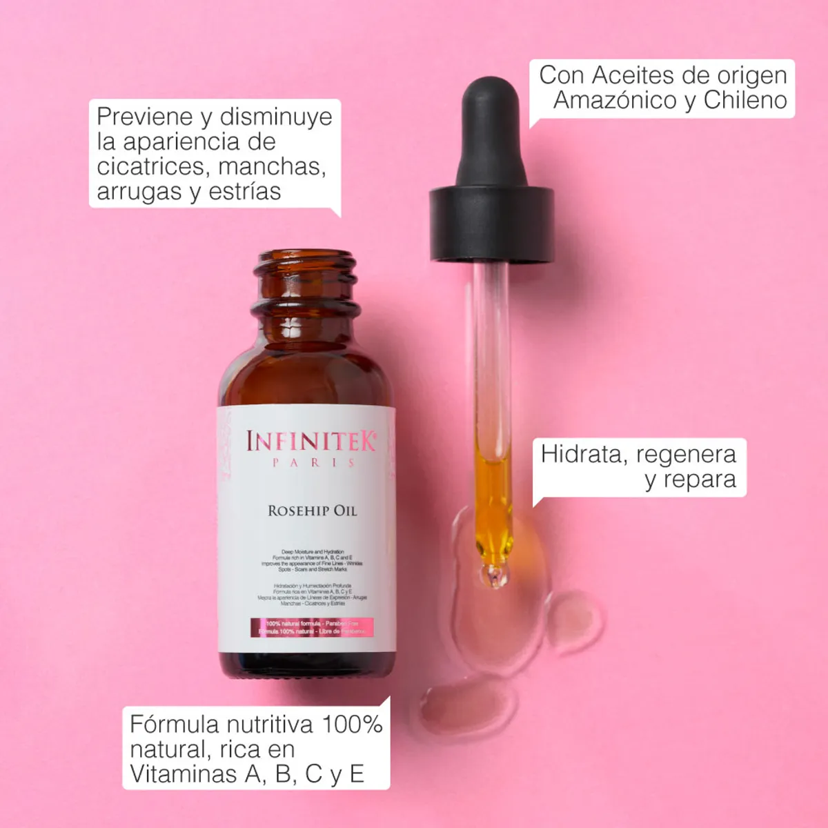 INFINITEK PARIS - Aceite Rosa Mosqueta Natural 20% – Regenera, Nutre y repara piel seca y sensible 30 ml