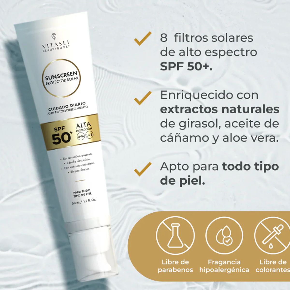 VITASEI - PROTECTOR SOLAR SPF 50 - ULTRA LIGERO CON ALTA PROTECCIÓN - UVA Y UVB