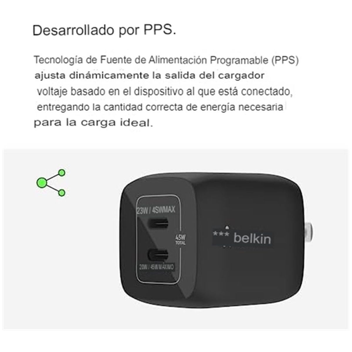 BELKIN - Cargador Belkin 45W 2 Puertos Usb Tipo C Carga Rapida 3.0