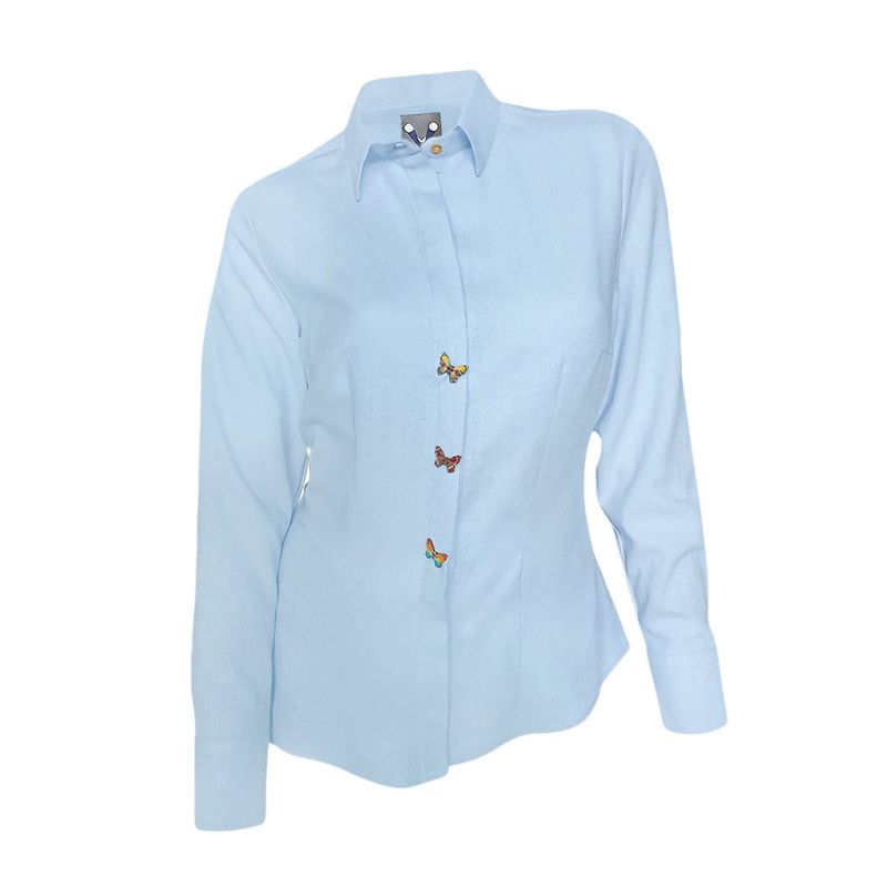 SON DOS - Camisa blusa azul 100% lino botonadura escondida manga larga mujer