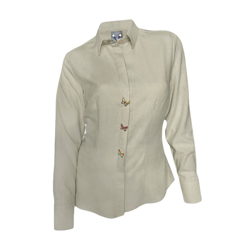 SON DOS - Camisa blusa en lino 100% botones escondidos beige manga larga mujer
