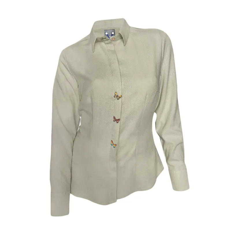 SON DOS - Camisa blusa en lino 100% botones escondidos beige manga larga mujer