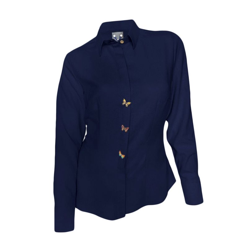 SON DOS - Camisa blusa azul oscura lino botonadura escondida manga larga mujer