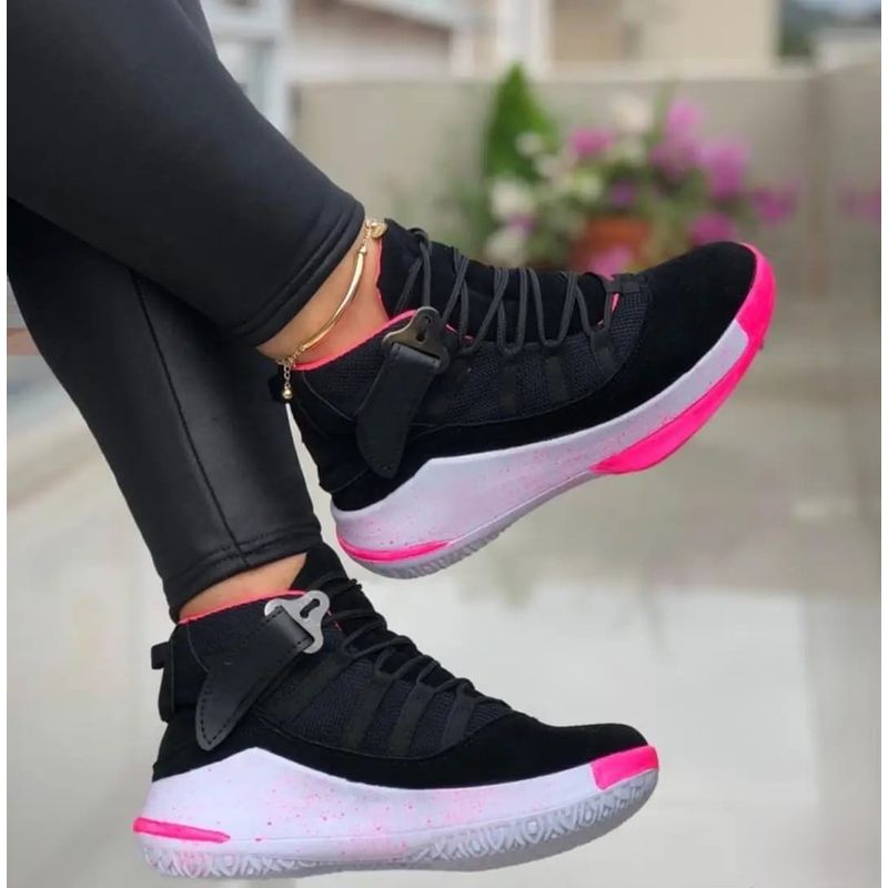 GENERICO - Tenis Negro Rosa Dama Zapatillas Zapatos Mujer Lindos Moda Casual_.