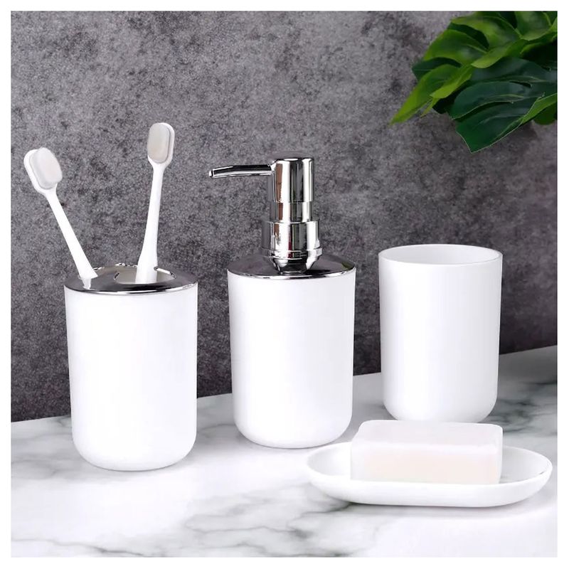GENERICO - Set Juego Accesorios Baño Jabonera Cepillos Dispensador Jabon Vaso Bl