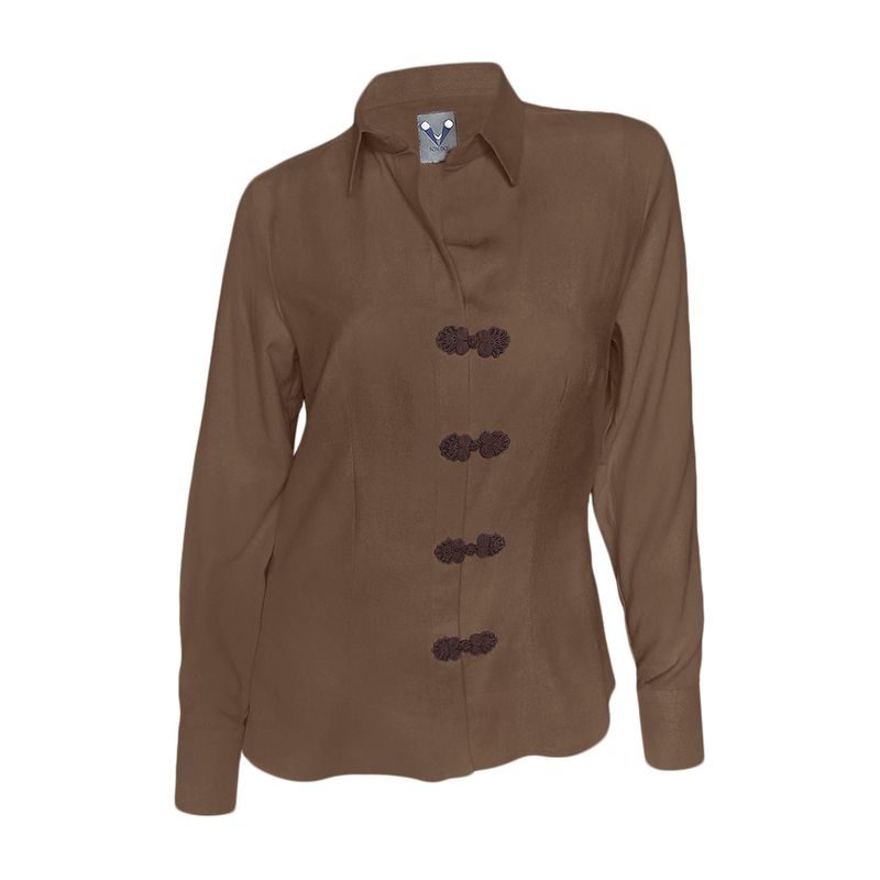 SON DOS - Camisa blusa lino 100% botones tejidos café oficina manga larga mujer