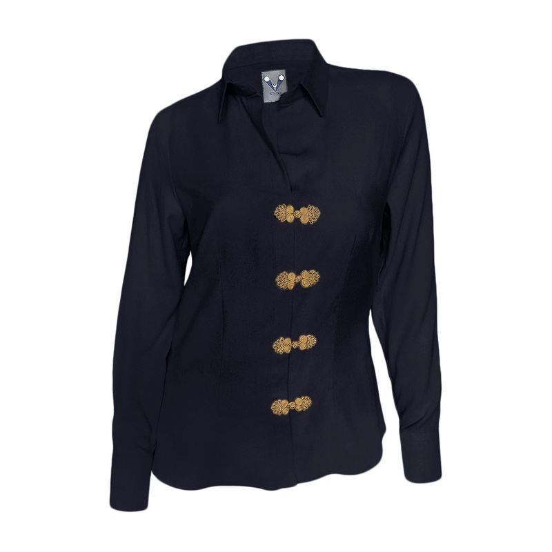 SON DOS - Camisa blusa negra botones pasamanería 100% lino elegante mujer