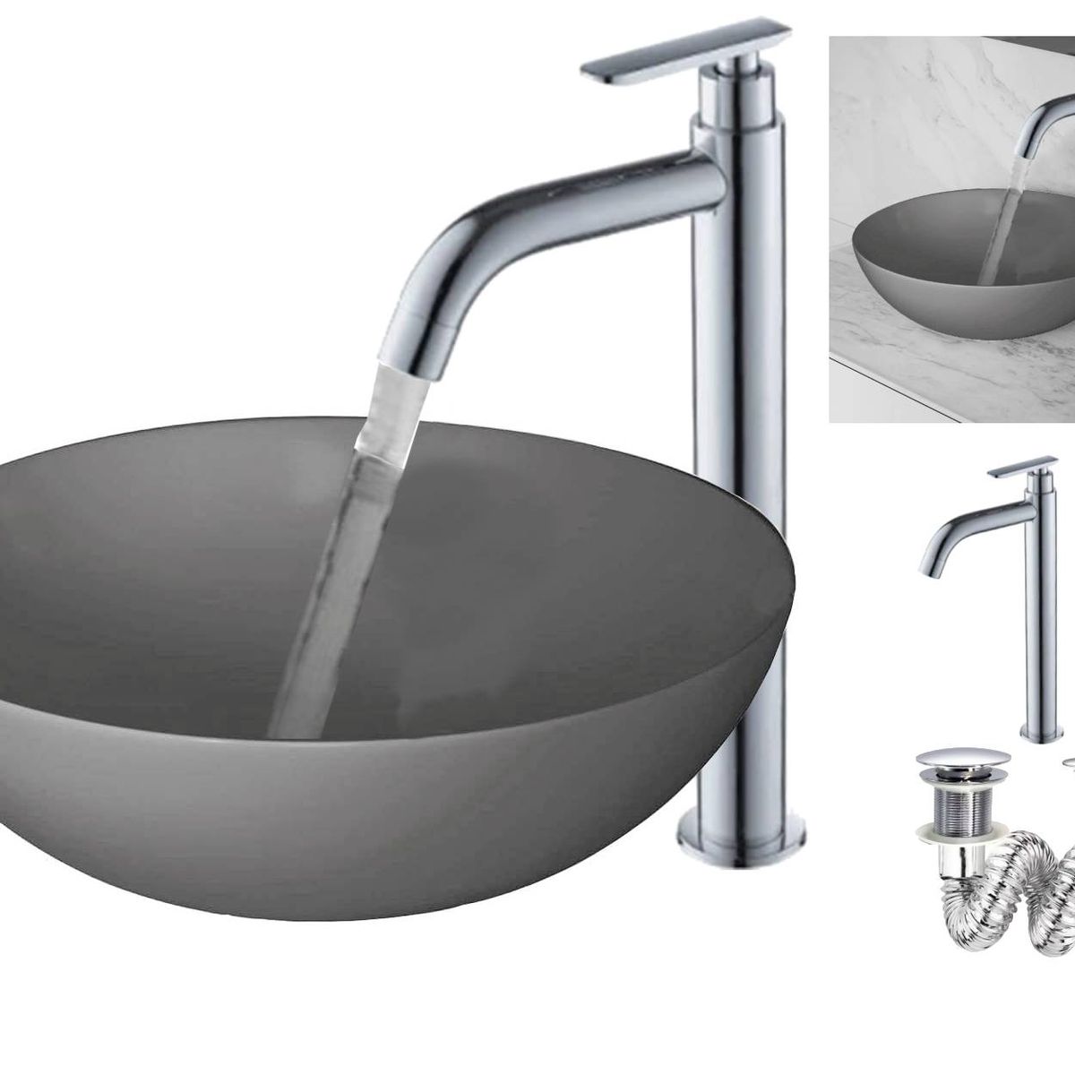 GENERICO - Kit Completo Lavamanos Gris Tm-sifon -grifo Cromo Agua Fria