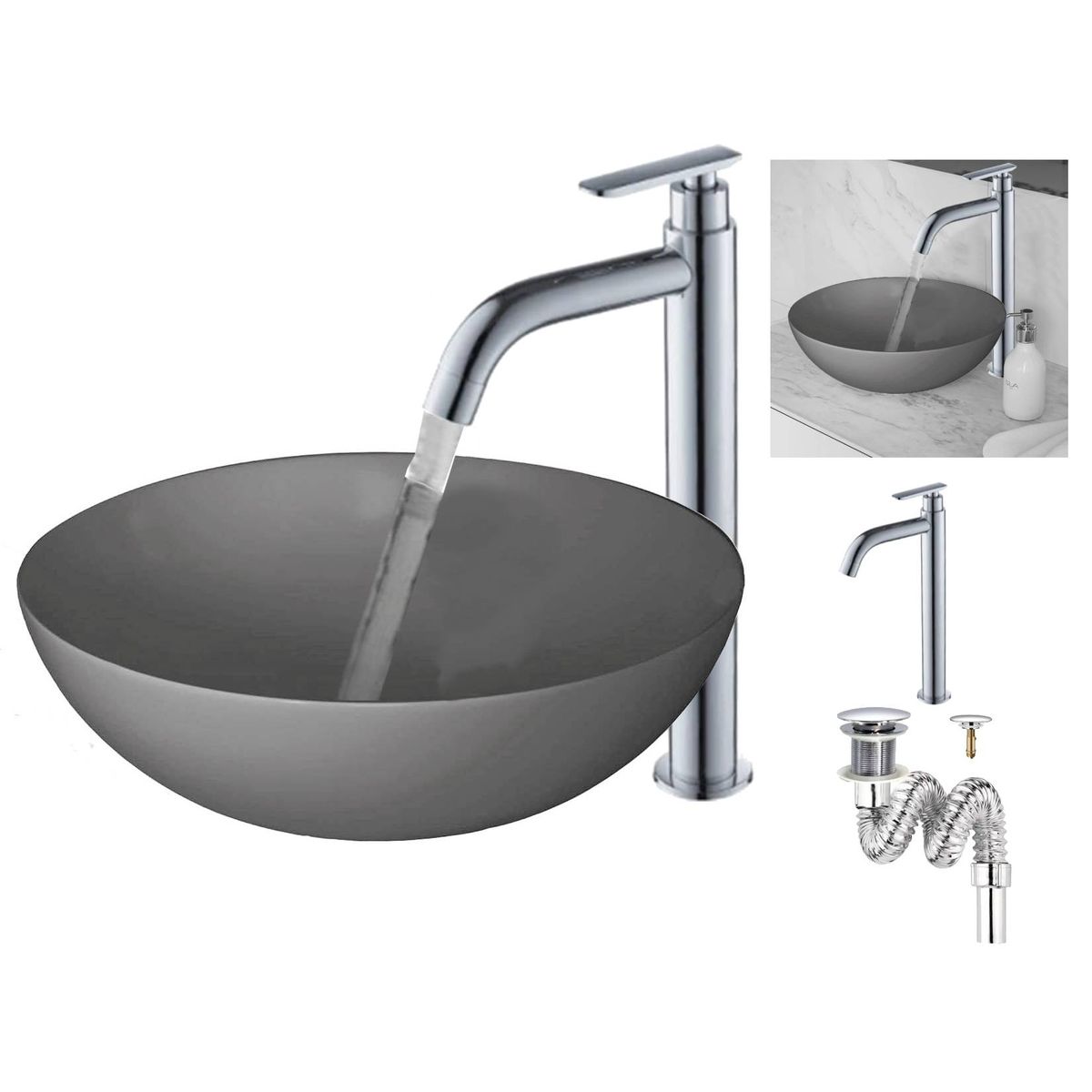 GENERICO - Kit Completo Lavamanos Gris Tm-sifon -grifo Cromo Agua Fria