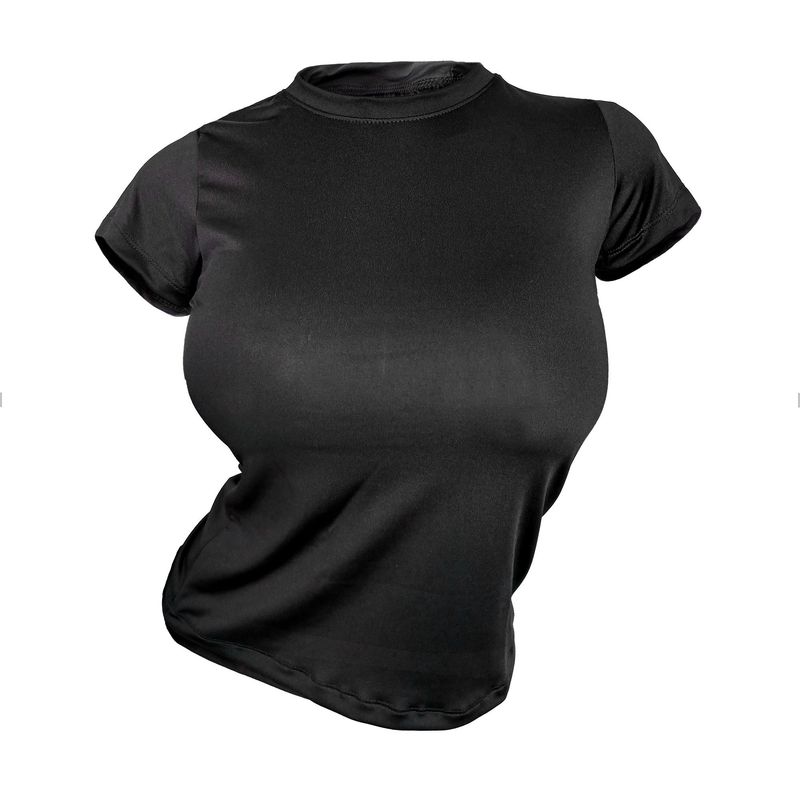 FITNESS - Camiseta Manga Corta Para Mujer Licra Negra Ceñida Elástica Ajustada.