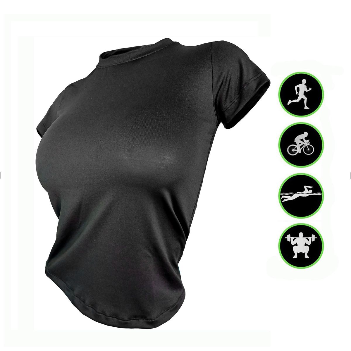 SPORT - Camiseta Elástica Deportiva Para Mujer Lycra Negra Manga Corta Ajustada