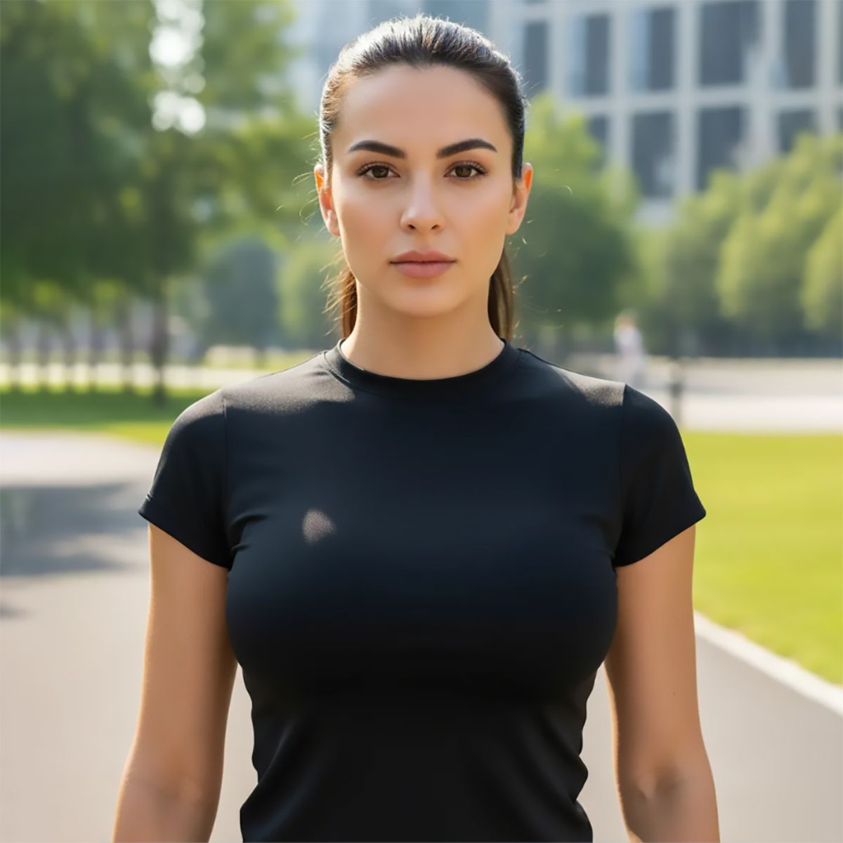 SPORT - Camiseta Elástica Deportiva Para Mujer Lycra Negra Manga Corta Ajustada